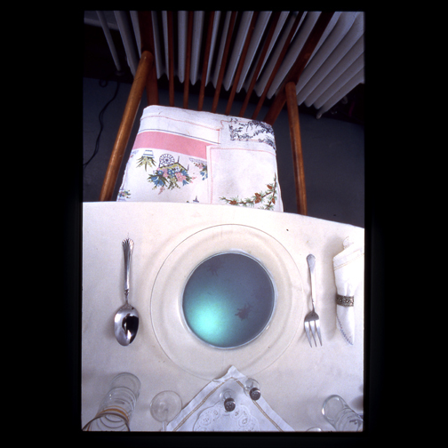 video installation of stop-motion projected onto dinner plate from below at dinner table setting, upholstered chairs