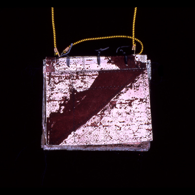 book with sewn binding suspended from ceiling, copperplate photo etching, collage