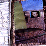 book with sewn binding suspended from ceiling, copperplate photo etching, collage
