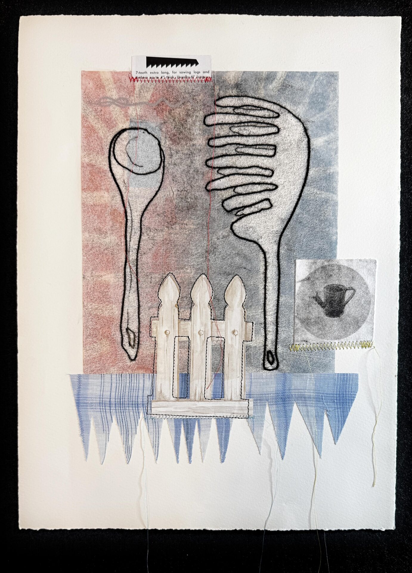 mixed-media artwork with domestic symbol monoprints