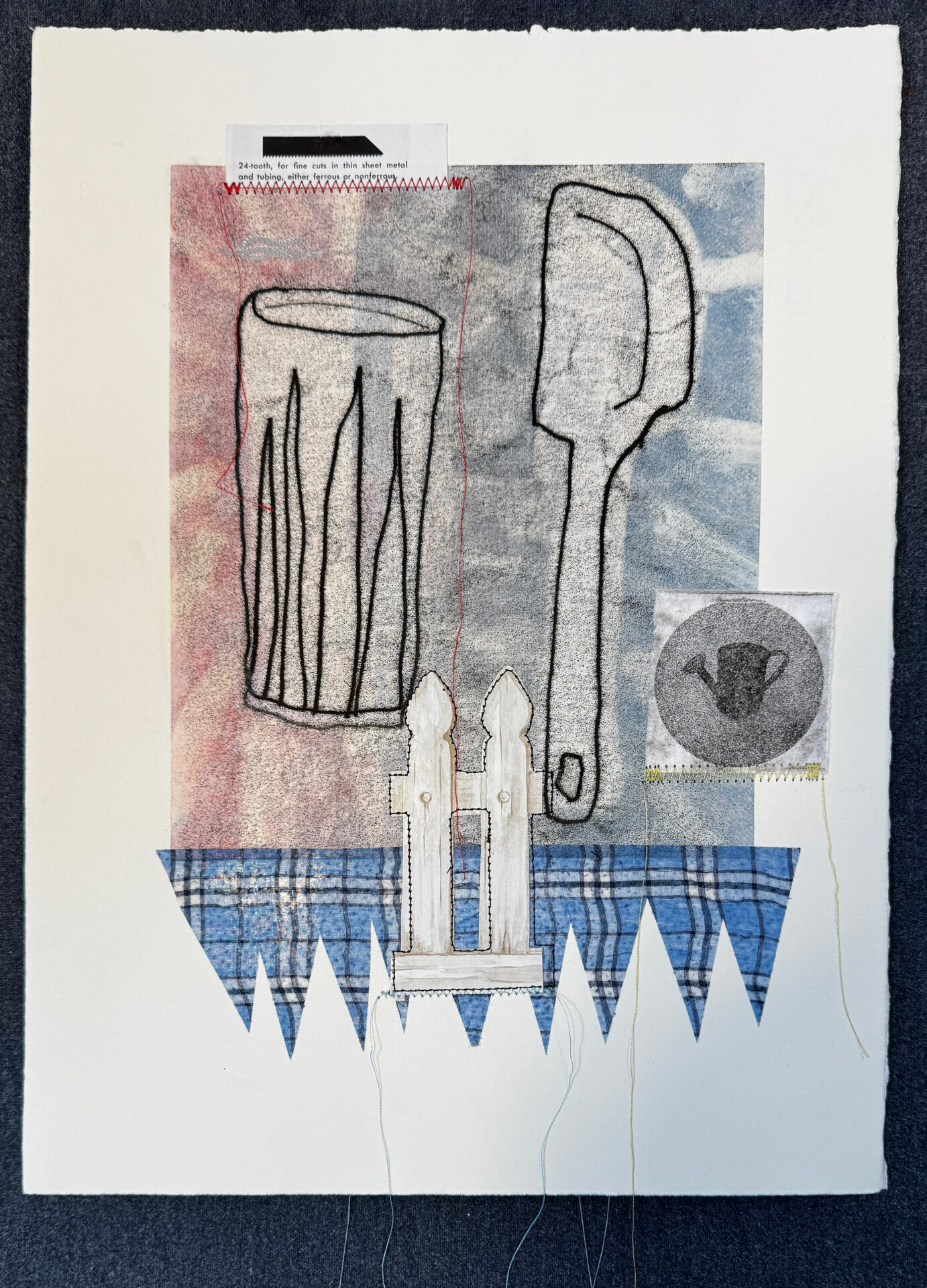 mixed-media artwork with domestic symbol monoprints
