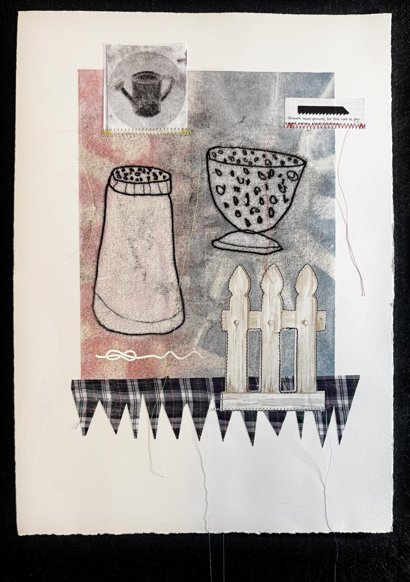 mixed-media artwork with domestic symbol monoprints
