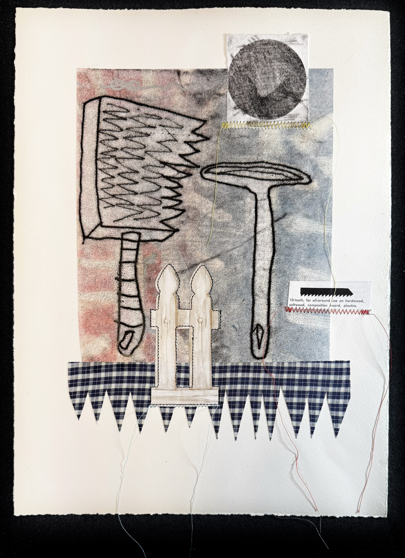 mixed-media artwork with domestic symbol monoprints