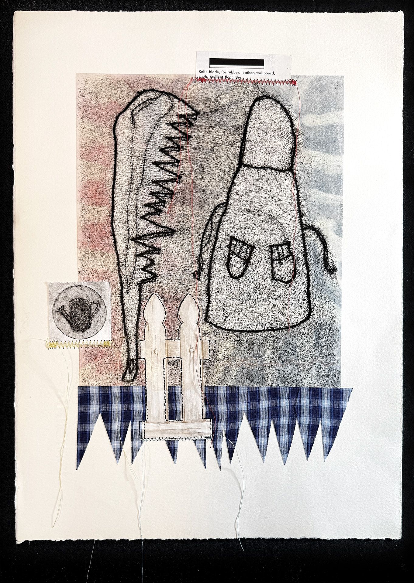 mixed-media artwork with domestic symbol monoprints