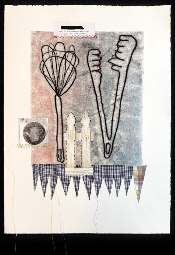 mixed-media artwork with domestic symbol monoprints