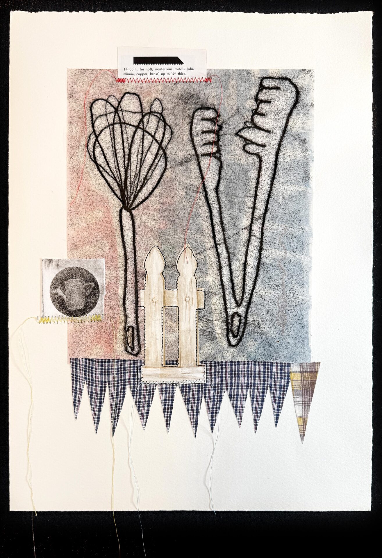 mixed-media artwork with domestic symbol monoprints
