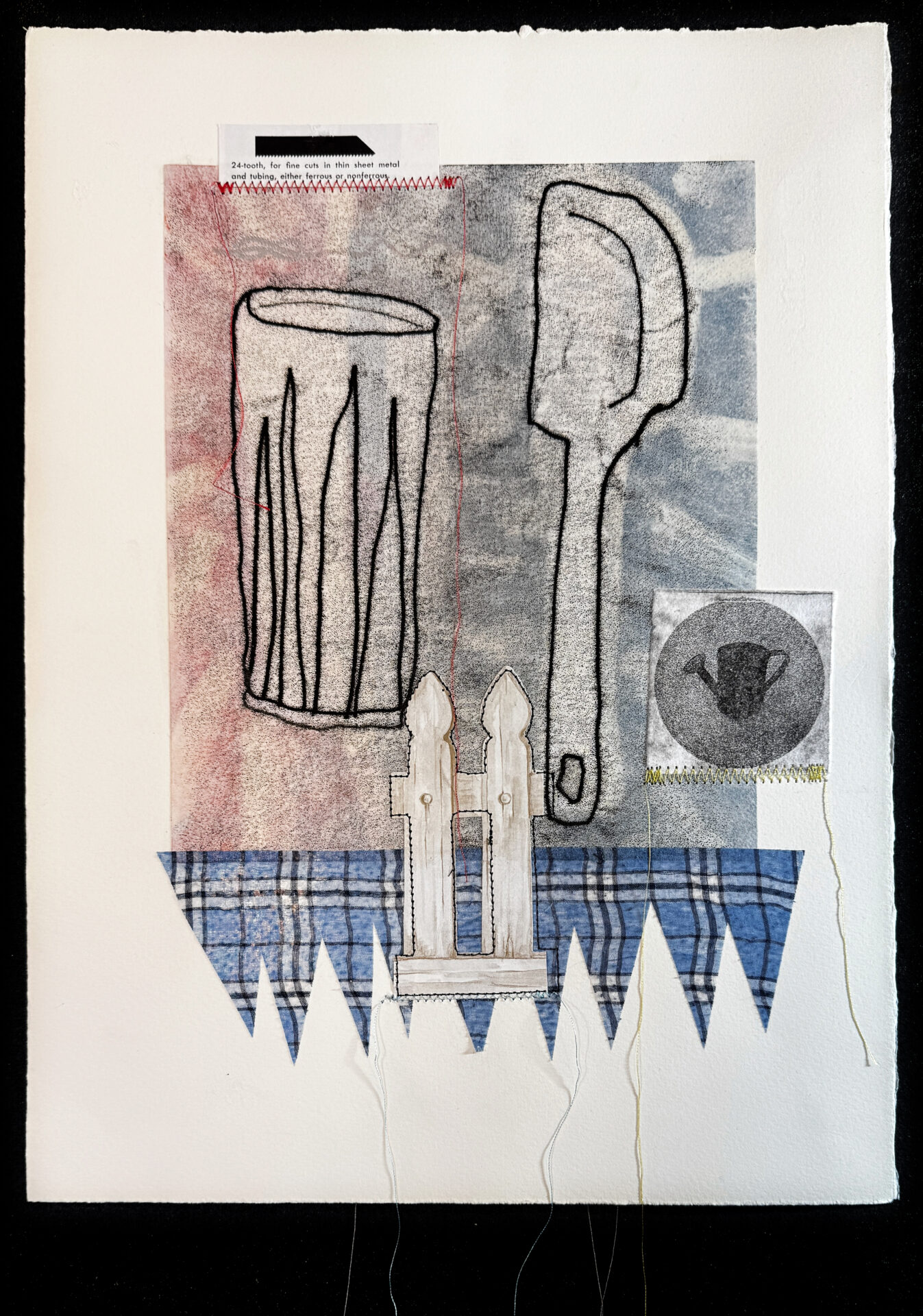 mixed-media artwork with domestic symbol monoprints