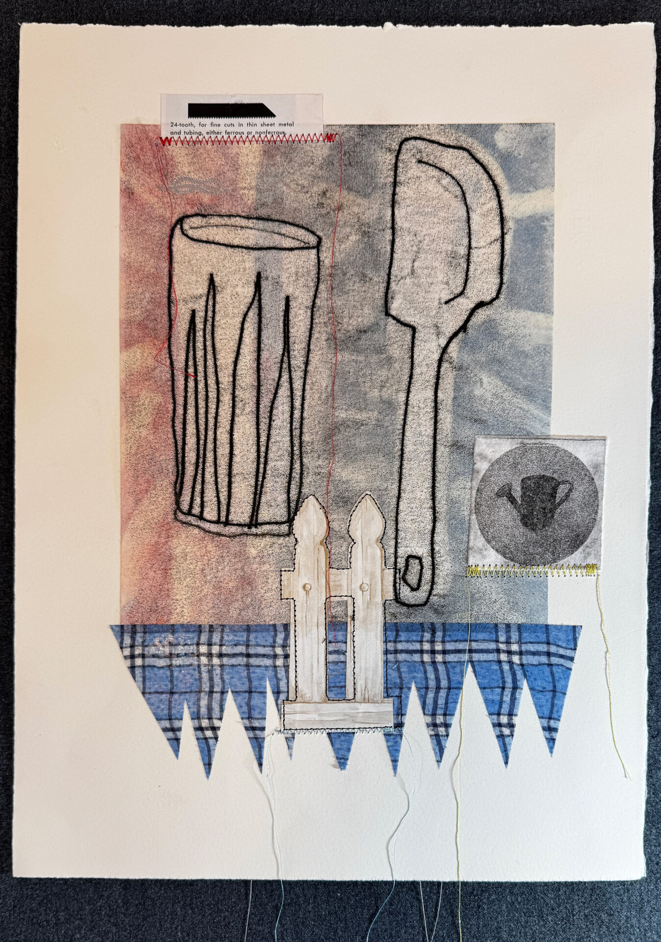 mixed-media artwork with domestic symbol monoprints