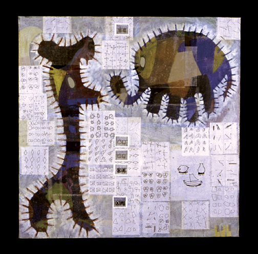 oil painting on canvas, mixed-media collage, gold leaf of animal